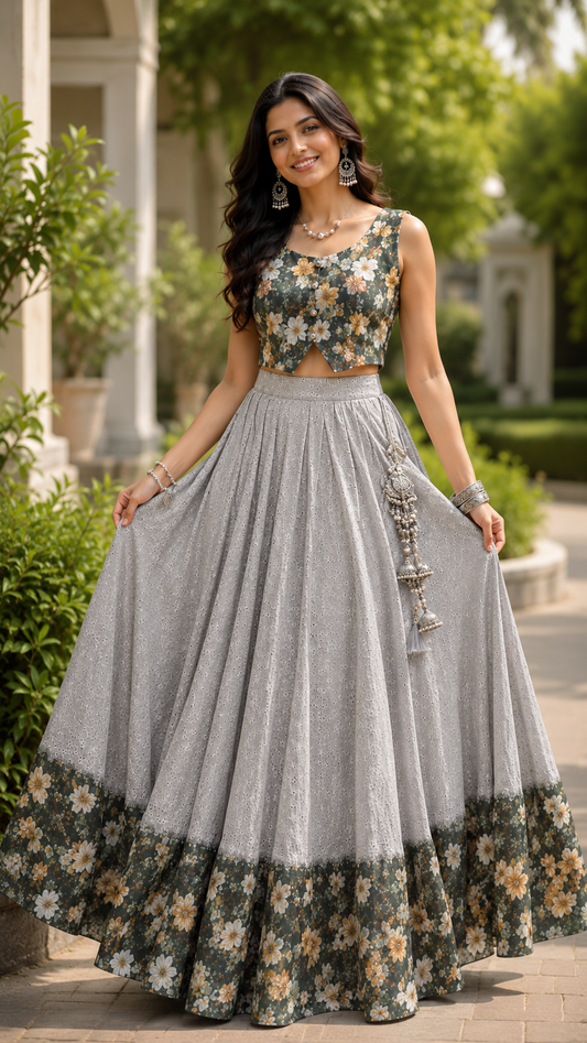 Flora Lehenga Cord-Set - floral top and grey skirt with floral hem, outdoor shot