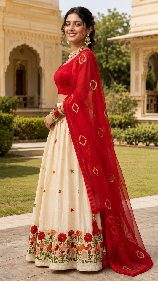 Cherry Red Lehenga with Floral Artwork - model wearing the outfit outdoors, side view
