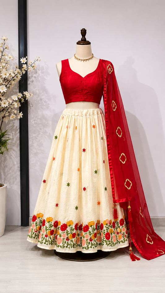 Cherry Red Lehenga with Floral Artwork | Ready to wear Lehenga Set