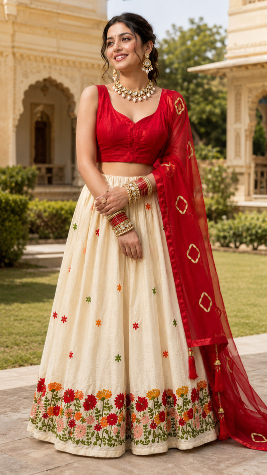 Cherry Red Lehenga with Floral Artwork | Ready to wear Lehenga Set